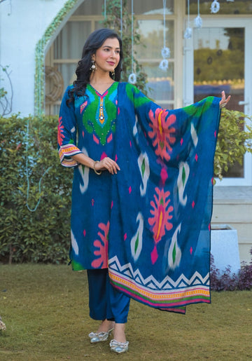 Varanga Women's This eye-catching Straight Kurta Set is crafted from Modal silk. It showcases a beautiful blue placement print and is detailed with exquisite placement hand embroidery. Comes with a matching printed dupatta.