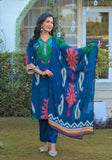 Varanga Women's This eye-catching Straight Kurta Set is crafted from Modal silk. It showcases a beautiful blue placement print and is detailed with exquisite placement hand embroidery. Comes with a matching printed dupatta.