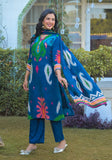 Varanga Women's This eye-catching Straight Kurta Set is crafted from Modal silk. It showcases a beautiful blue placement print and is detailed with exquisite placement hand embroidery. Comes with a matching printed dupatta.