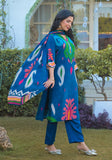 Varanga Women's This eye-catching Straight Kurta Set is crafted from Modal silk. It showcases a beautiful blue placement print and is detailed with exquisite placement hand embroidery. Comes with a matching printed dupatta.