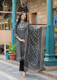 The Varanga Straight Kurta Set is a fusion of comfort and distinctive design. Made from smooth Modal silk, it features a bold black placement print and intricate placement hand embroidery