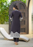 Varanga BLACK Placement Print A-Line Kurta Set. Featuring beautiful, strategically work and an elegant A-line silhouette. Enhanced with delicate thread and authentic mirror embroidery, complete with stylish tassel accents. Crafted for elegance and flair.