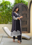 Varanga BLACK Placement Print A-Line Kurta Set. Featuring beautiful, strategically work and an elegant A-line silhouette. Enhanced with delicate thread and authentic mirror embroidery, complete with stylish tassel accents. Crafted for elegance and flair.