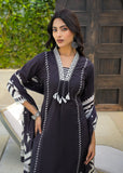 Varanga BLACK Placement Print A-Line Kurta Set. Featuring beautiful, strategically work and an elegant A-line silhouette. Enhanced with delicate thread and authentic mirror embroidery, complete with stylish tassel accents. Crafted for elegance and flair.