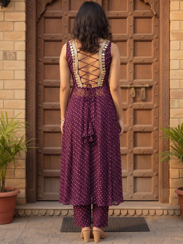 Varanga Women Bandhani Printed Mirror Work Kurta with Trousers