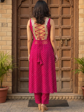 Varanga Women Bandhani Printed Mirror Work Kurta with Trousers