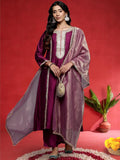 Varanga Women Wine Zari Lace Embellished Anarkali Kurta With Trousers And Tissue Dupatta.