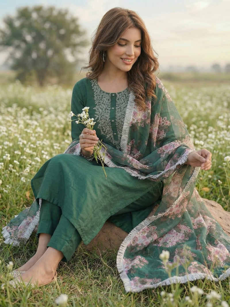 Varanga Green embroidered kurta with tonal trouser and printed dupattta