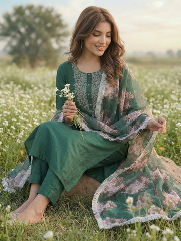 Varanga Green embroidered kurta with tonal trouser and printed dupattta