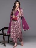 Varanga Women Purple Floral Printed Straight Kurta With Afghani Bottom And Dupatta