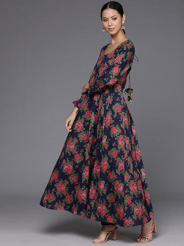 Varanga Floral Printed Navy Blue Anarkali Kurta With Dupatta