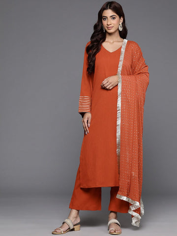 Varanga Women Rust Solid V-Neck Embellished With Gota Straight Kurta Paired With Tonal Bottom And Dupatta