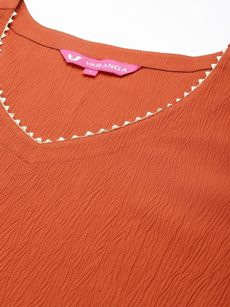 Varanga Women Rust Solid V-Neck Embellished With Gota Straight Kurta Paired With Tonal Bottom And Dupatta