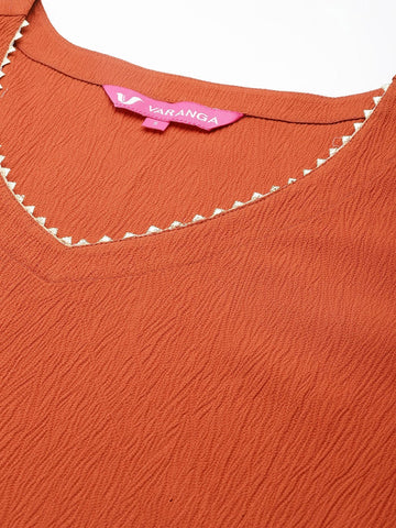 Varanga Women Rust Solid V-Neck Embellished With Gota Straight Kurta Paired With Tonal Bottom And Dupatta
