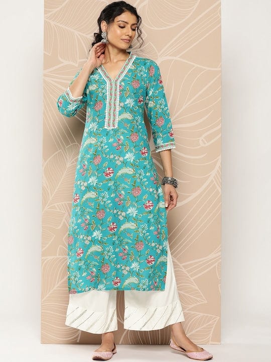Buy Turquoise Blue Ethnic Printed Straight Kurta With Embroidered Yoke  Online. – Nykaa Fashion