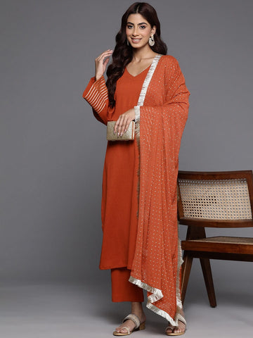Varanga Women Rust Solid V-Neck Embellished With Gota Straight Kurta Paired With Tonal Bottom And Dupatta