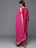 Varanga Women Magenta Round Neck Yoke Embroidered, Three Quarter Sleeves Straight Kurta Paired With Tonal Bottom And Dupatta With Four Side Fringes