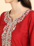 Varanga Women Red Round Neck Yoke Embroidered, Three Quarter Sleeves Straight Kurta Paired With Tonal Bottom And Dotted Dupatta