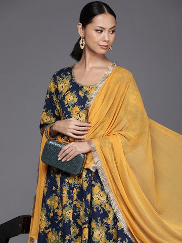 Varanga Floral Printed Navy Blue and Yellow Anarkali Kurta With Dupatta