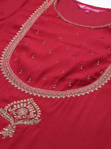 Varanga Plus Size Ethnic Motifs Red Embroidered Round Neck Kurta With Trousers & Dupatta