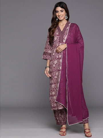 Varanga Women Purple Floral Printed Straight Kurta With Afghani Bottom And Dupatta