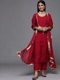 Varanga Plus Size Ethnic Motifs Red Embroidered Round Neck Kurta With Trousers & Dupatta