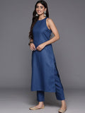 Varanga Women Navy Blue Halter Neck Solid Kurta Paired With Tonal Solid  Bottom And Contrast Bhagalpuri Printed Dupatta