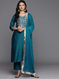 Varanga Teal Ethnic Motifs Embroidered Sequinned Round Neck Kurta With Trousers & Dupatta