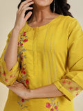 Varanga Women Yellow Placement Embroidered Straight Kurta Paired With Tonal Bottom And Contrast Printed Dupatta