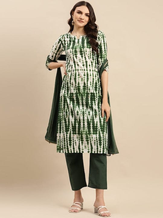 Varanga Women Green Shibori Straight Kurta Paired With Tonal Bottom And Dupatta