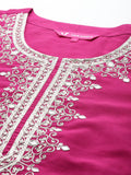 Varanga Women Magenta Round Neck Yoke Embroidered, Three Quarter Sleeves Straight Kurta Paired With Tonal Bottom And Dupatta With Four Side Fringes