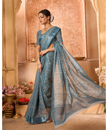 Varanga Light Blue Linen Designer Saree With Zari Border