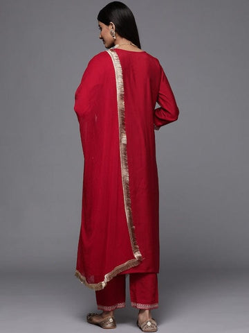 Varanga Plus Size Ethnic Motifs Red Embroidered Round Neck Kurta With Trousers & Dupatta