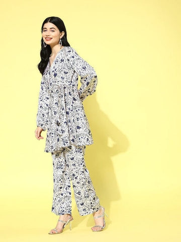 Varanga Women White Floral Printed Top Paired With Tonal Printed Bottom