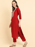 Varanga Women Red Round Neck Yoke Embroidered, Three Quarter Sleeves Straight Kurta Paired With Tonal Bottom And Dotted Dupatta