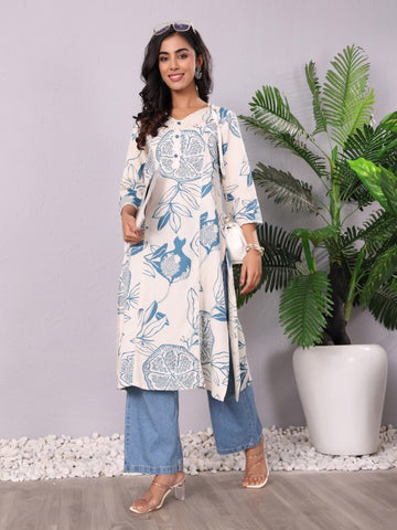 Varanga White & Blue Floral Printed V-Neck Sequinned Panelled Cotton A-Line Kurta