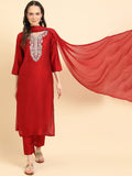 Varanga Women Red Round Neck Yoke Embroidered, Three Quarter Sleeves Straight Kurta Paired With Tonal Bottom And Dotted Dupatta