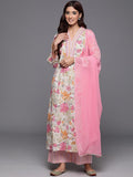 Varanga Women Off White Floral Printed A-Line Kurta With Pink Printed Bottom