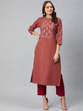 Varanga Women Rust Red & Maroon Yoke Design Kurta with Trousers
