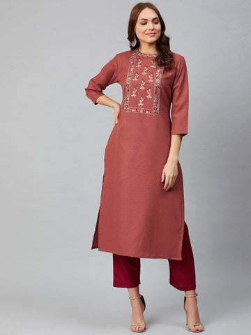 Varanga Women Rust Red & Maroon Yoke Design Kurta with Trousers