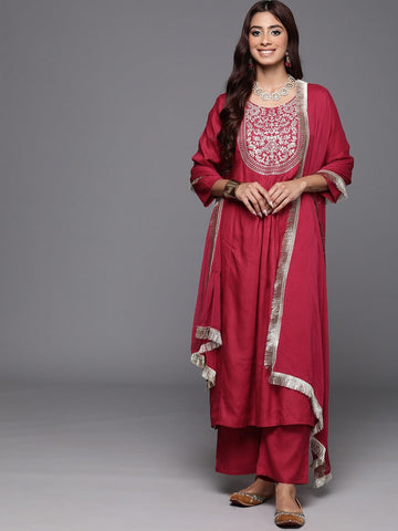 Varanga Women Round Neck Embroidered Yoke With Gathered Detail Kurta Paired With Bottom & Dupatta