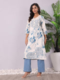 Varanga White & Blue Floral Printed V-Neck Sequinned Panelled Cotton A-Line Kurta