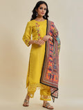 Varanga Women Yellow Placement Embroidered Straight Kurta Paired With Tonal Bottom And Contrast Printed Dupatta
