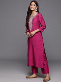 Varanga Women Magenta Round Neck Yoke Embroidered, Three Quarter Sleeves Straight Kurta Paired With Tonal Bottom And Dupatta With Four Side Fringes