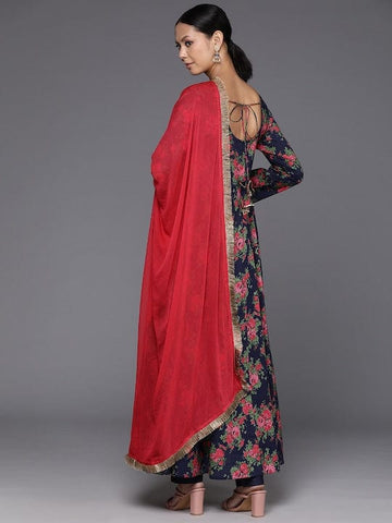 Varanga Floral Printed Navy Blue Anarkali Kurta With Dupatta
