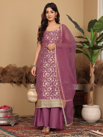 Varanga Women Pink Brocade Strap Sleeves Kurta With Sharara And Dupatta