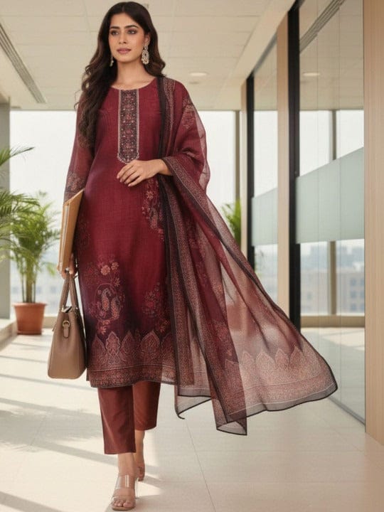 Varanga Women Maroon Floral Printed Kurta Paired With Bottom And Dupatta