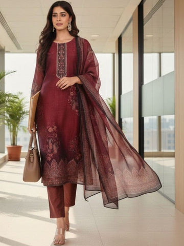 Varanga Women Maroon  Floral Printed Kurta Paired With Bottom And Dupatta
