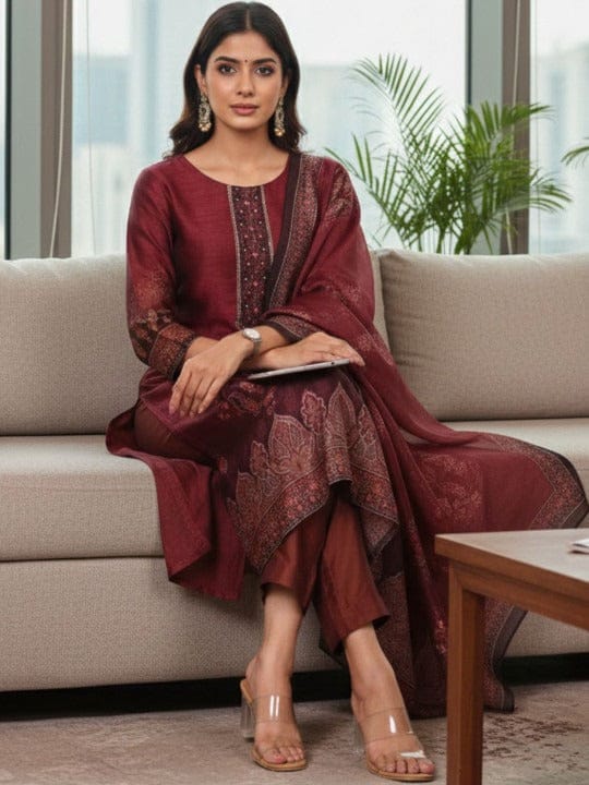 Varanga Women Maroon Floral Printed Kurta Paired With Bottom And Dupatta