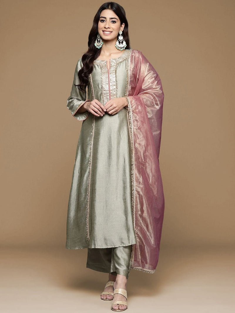 Varanga Women Round Neck Pista Green Lace Embellished Kurta Paired With Bottom And Tissue Silk Dupatta